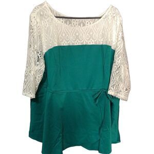 Kiyonna Top Womens 4X Jade Green Lace Shoulder Faux Wrap Peplum Hem